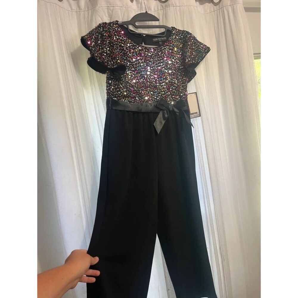 Thee pink hearts size large girls Rainbow sequin top,  black satin bow